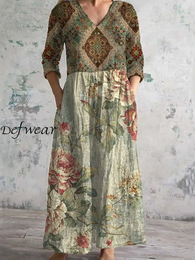 Vintage Floral Print Chic V Neck 3/4 Sleeve Elegant Midi Dress A / S