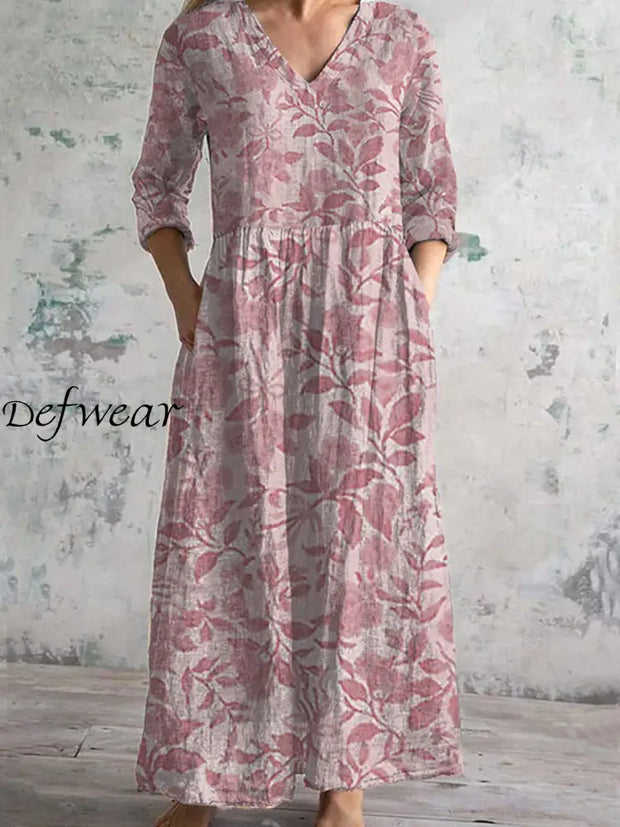 Vintage Floral Print Chic V Neck 3/4 Sleeve Elegant Midi Dress A / S