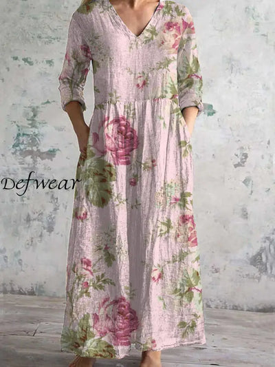 Vintage Floral Print Chic V Neck 3/4 Sleeve Elegant Midi Dress A / S