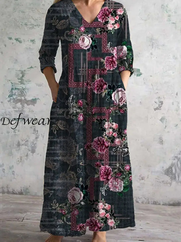 Vintage Floral Print Chic V-Neck Three-Quarter Sleeve Elegant Midi Dress A / S