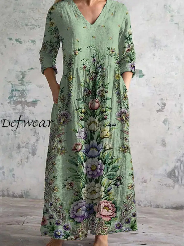 Vintage Floral Print Chic V-Neck Three-Quarter Sleeve Elegant Midi Dress A / S