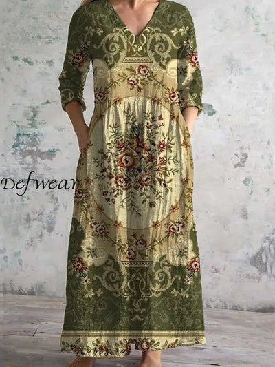 Vintage Floral Print Chic V-Neck Three-Quarter Sleeve Elegant Midi Dress A / S