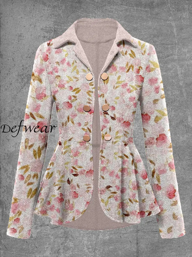 Vintage Floral Print Elegant Chic V Neck Long Sleeve Top Coat A / S