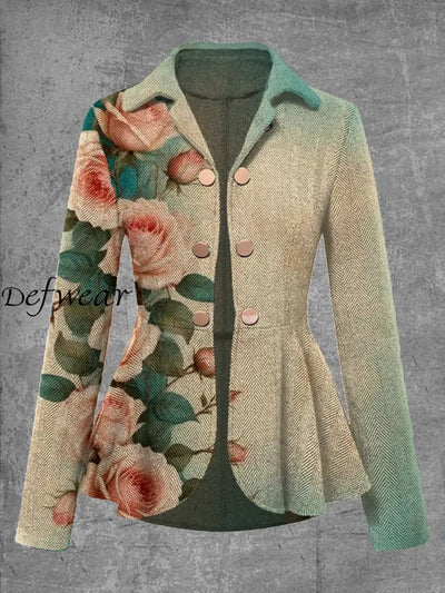 Vintage Floral Print Elegant Chic V Neck Long Sleeve Top Coat A / S