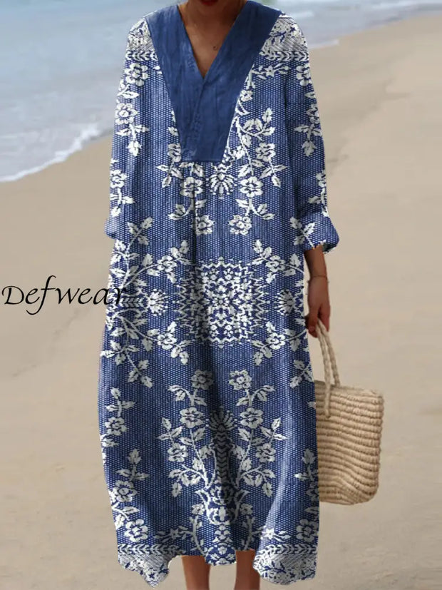 Vintage Floral Print V-Neck Elegant Chic Loose Long Sleeve Midi Dress A / S