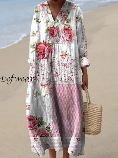 Vintage Floral Print V-Neck Elegant Chic Loose Long Sleeve Midi Dress A / S