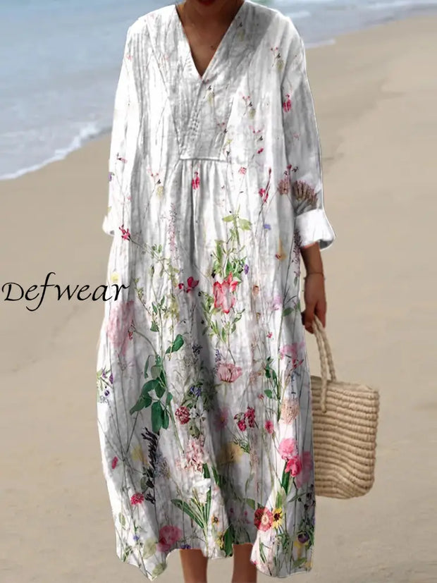 Vintage Floral Print V-Neck Elegant Chic Loose Long Sleeve Midi Dress A / S