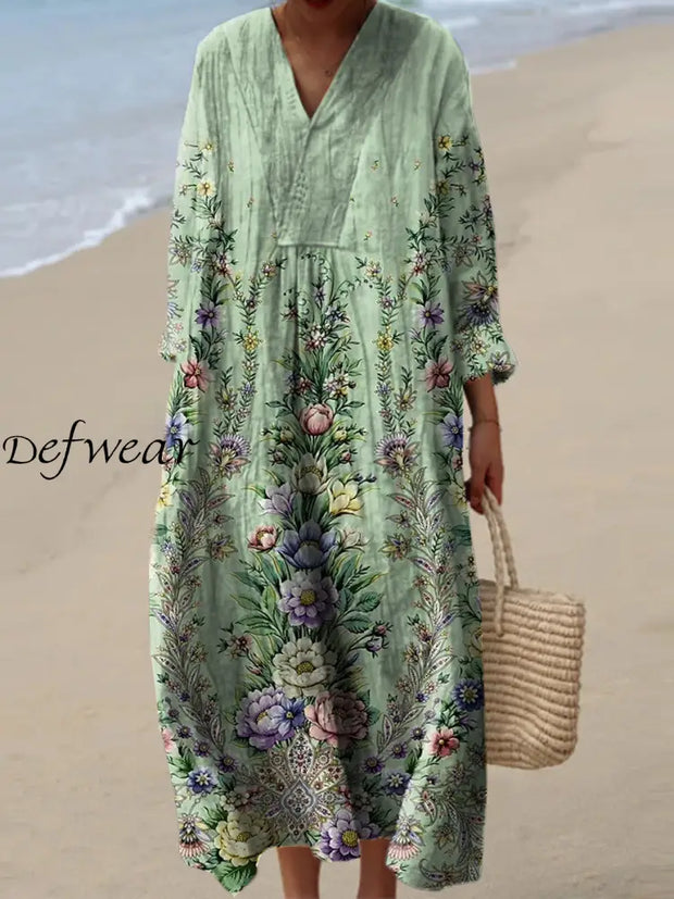 Vintage Floral Print V-Neck Elegant Chic Loose Long Sleeve Midi Dress A / S