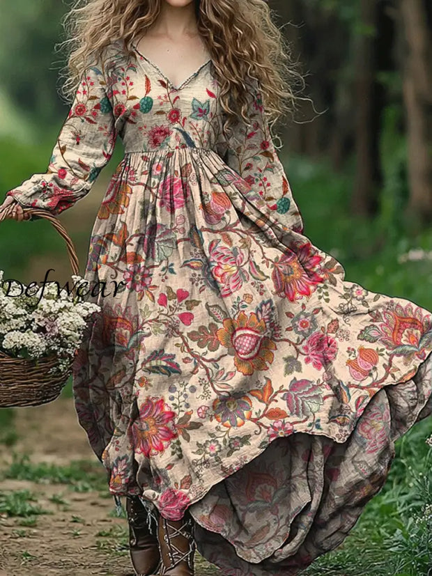 Vintage Floral Print V-Neck Elegant Chic Loose Long Sleeve Midi Dress A / S