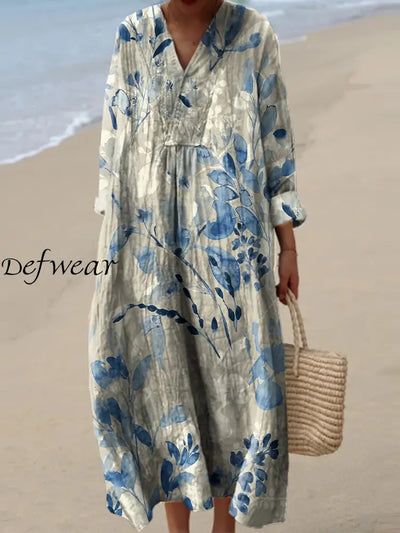 Vintage Floral Print V-Neck Elegant Chic Loose Long Sleeve Midi Dress A / S