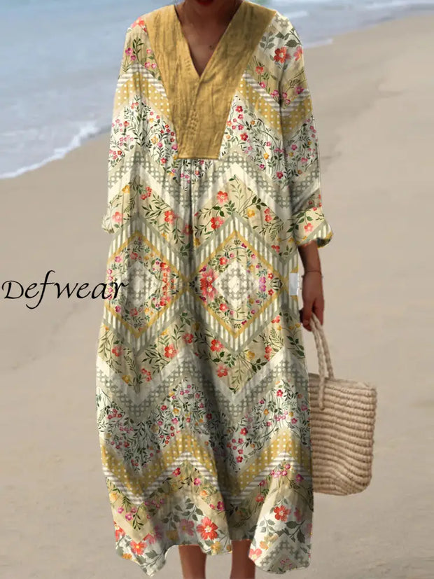 Vintage Floral Print V-Neck Elegant Chic Loose Long Sleeve Midi Dress A / S