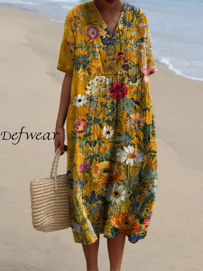 Vintage Floral Print V-Neck Elegant Chic Loose Short Sleeve Midi Dress A / S