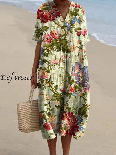 Vintage Floral Print V-Neck Elegant Chic Loose Short Sleeve Midi Dress A / S