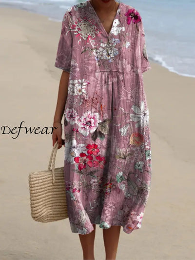 Vintage Floral Print V-Neck Elegant Chic Loose Short Sleeve Midi Dress A / S