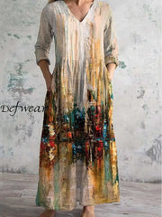 Vintage Fluid Art Print Chic V-Neck Long Sleeve Elegant Midi Dress A / S