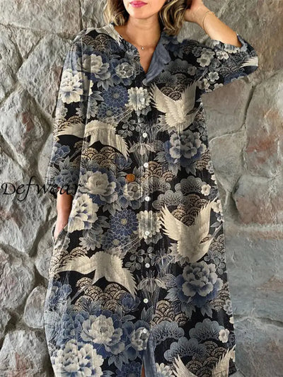 Vintage Flying Bird Floral Art Print Chic V-Neck Three-Quarter Sleeve Button Up Elegant Midi Dress