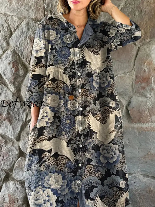 Vintage Flying Bird Floral Art Print Chic V-Neck Three-Quarter Sleeve Button Up Elegant Midi Dress