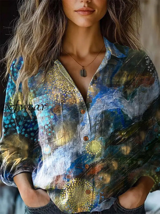 Vintage Gradient Abstraction Pattern Printed Women’s Casual Long Sleeve Comfortable Cotton Shirt