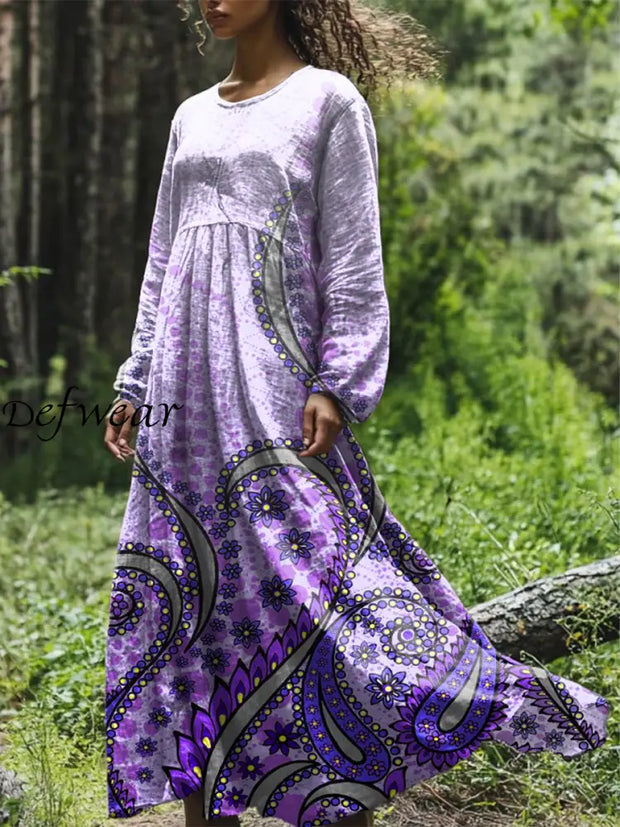 Vintage Gradient Floral Art Printed Round Neck Loose Long Sleeves Midi Dress Light Purple / S