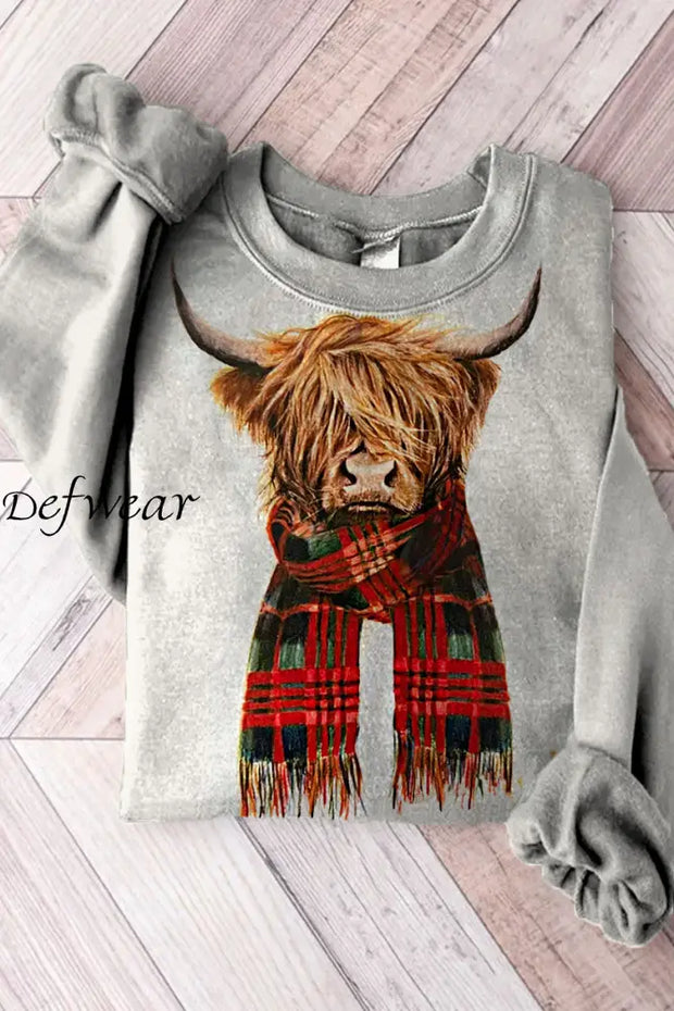 Vintage Highland Cow Art Print Casual Knitted Pullover Sweater