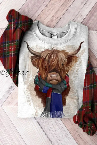 Vintage Highland Cow Art Print Casual Knitted Pullover Sweater