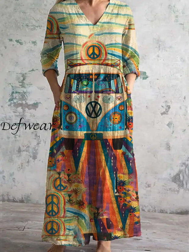 Vintage Hippie Art Print Chic V Neck Three Quarter Sleeve Elegant Midi Dress A / S