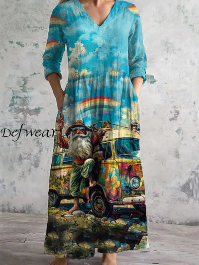 Vintage Hippie Art Print Chic V Neck Three Quarter Sleeve Elegant Midi Dress A / S