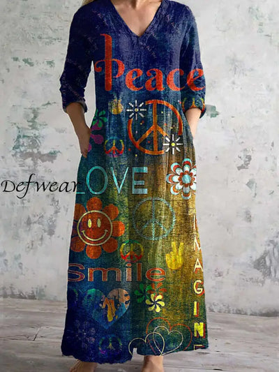 Vintage Hippie Art Print Chic V Neck Three Quarter Sleeve Elegant Midi Dress A / S