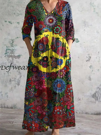 Vintage Hippie Art Print Chic V Neck Three Quarter Sleeve Elegant Midi Dress A / S