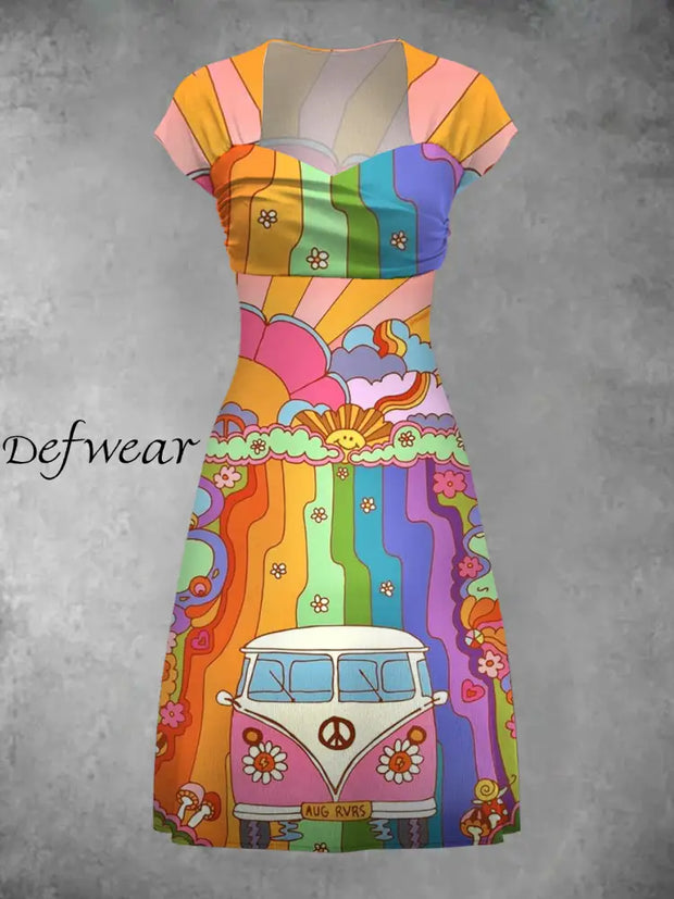 Vintage Hippie Art Print V Elegant And Chic Short Sleeve Mini Dress A / S