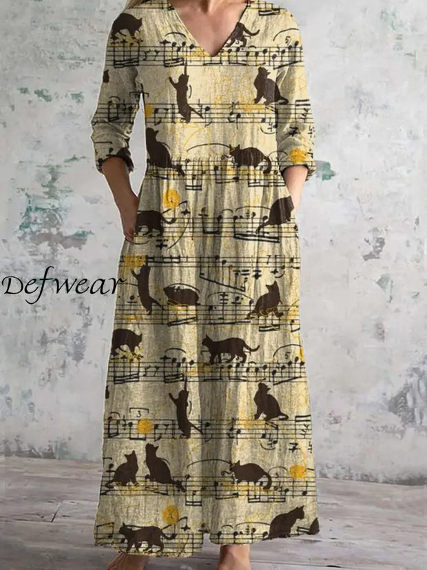 Vintage Music Animal Art Print Chic V-Neck Three-Quarter Sleeves Elegant Midi Dress A / S