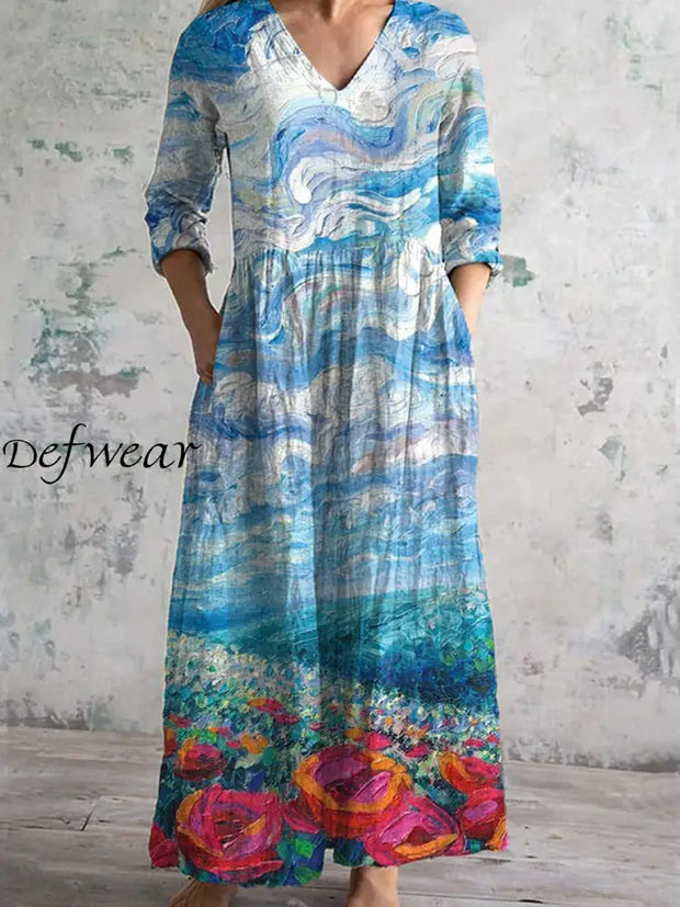 Vintage Oil Painting Floral Art Print Chic V-Neck Three-Quarter Sleeves Elegant Midi Dress A / S