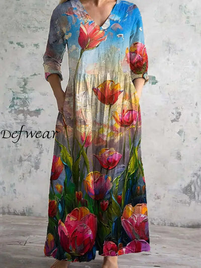 Vintage Oil Painting Floral Art Print Chic V-Neck Three-Quarter Sleeves Elegant Midi Dress A / S