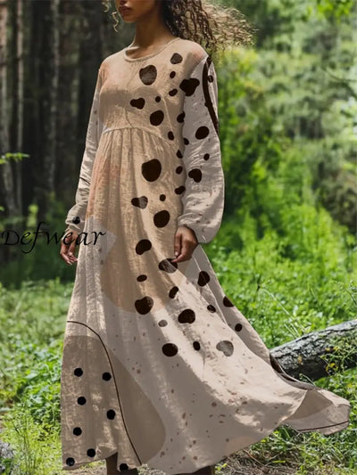 Vintage Polka Dot Printed Round Neck Loose Long Sleeves Midi Dress Light Coffee / S