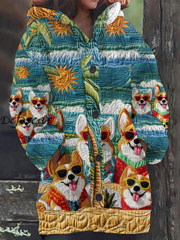 Vintage Puppy Art Print Button Thick Long Sleeve Casual Hooded Cardigan A / S