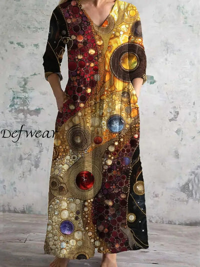 Vintage Sequin Art Print Chic V-Neck Three-Quarter Sleeve Elegant Midi Dress A / S