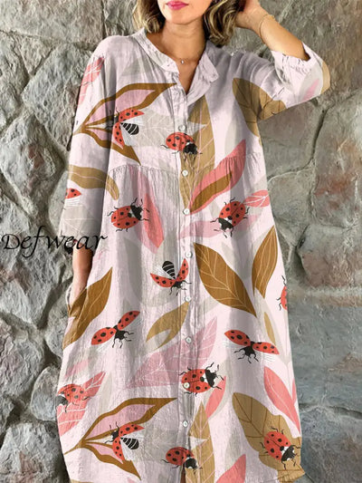 Vintage Seven-Spotted Ladybug Art Print Chic V-Neck Three-Quarter Sleeve Button Up Elegant Midi