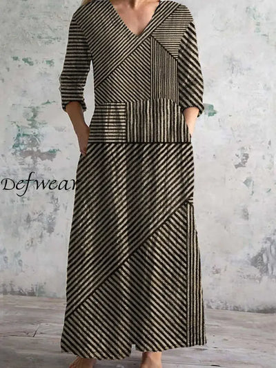 Vintage Stripe Art Print Chic V-Neck Three-Quarter Sleeve Elegant Midi Dress A / S