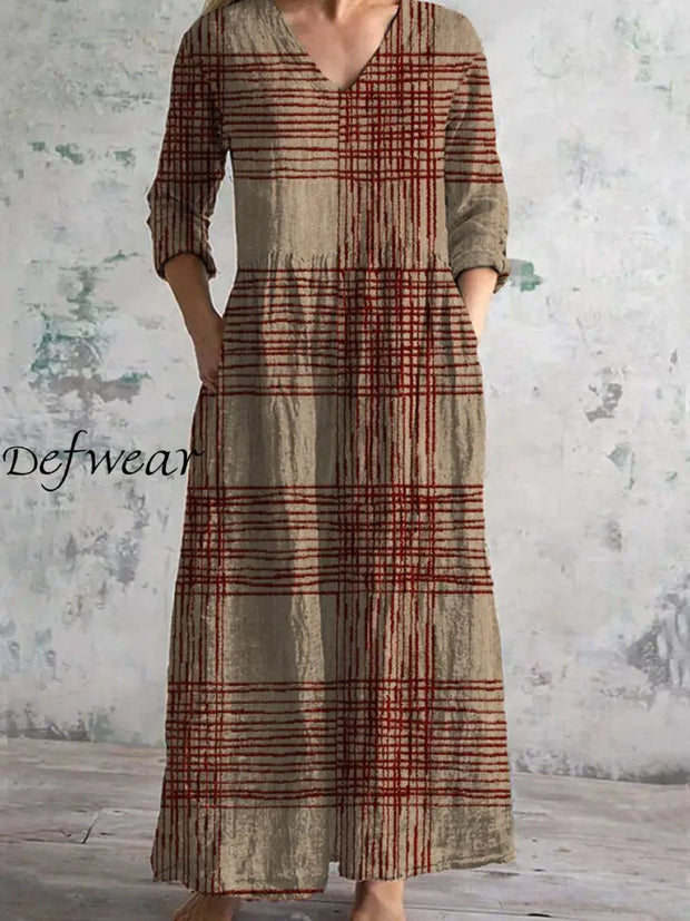 Vintage Stripe Art Print Chic V-Neck Three-Quarter Sleeve Elegant Midi Dress A / S