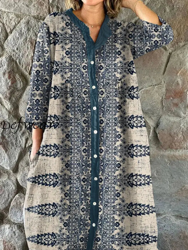 Vintage Textured Pattern Art Print Shirt Midi Dress As picture / S