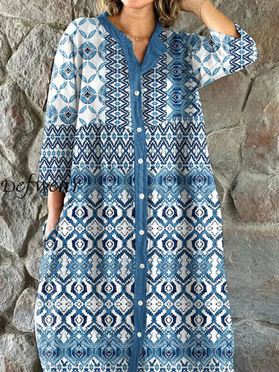 Vintage Textured Pattern Art Print Shirt Midi Dress As picture / S