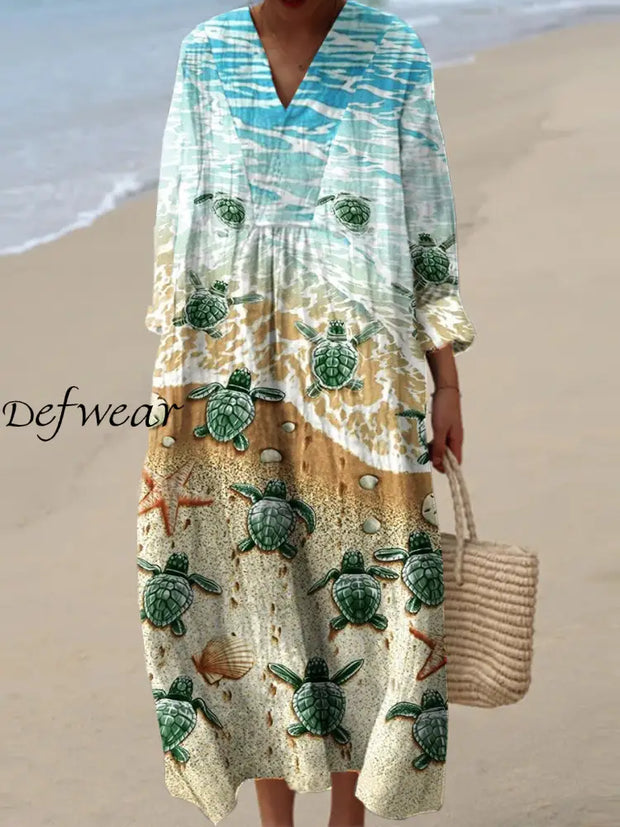 Vintage Turtle Art Print V Neck Elegant Chic Loose Long Sleeve Midi Dress A / S