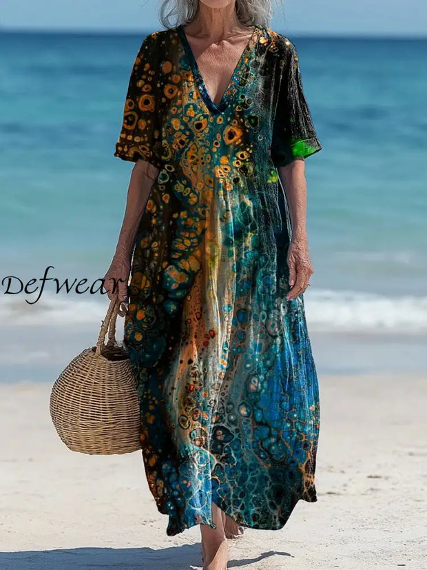 Vintage V-neck Bohemian Art Print Elegant Chic Loose Midi Dress A / S