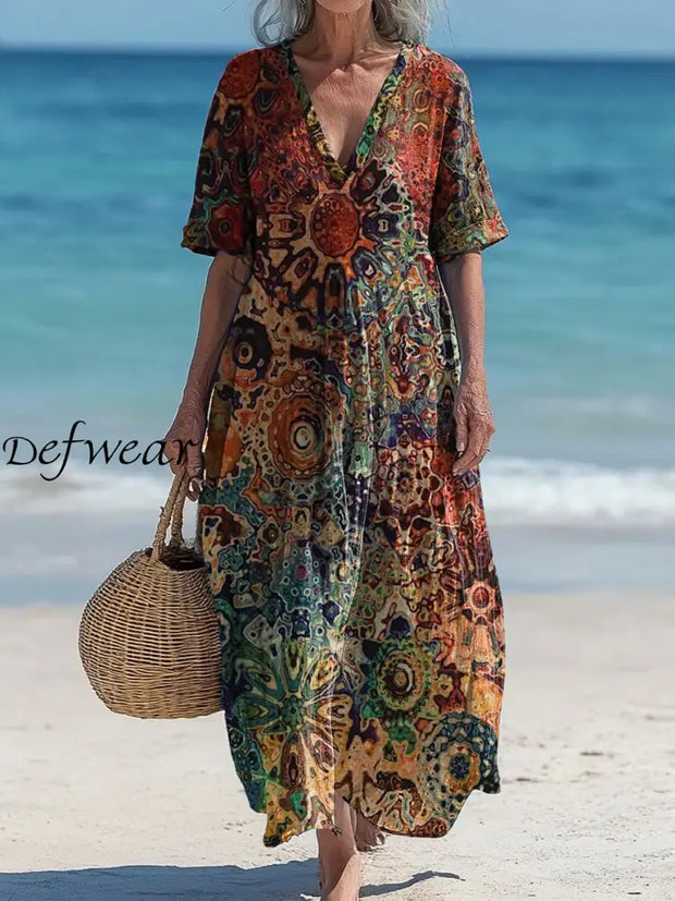 Vintage V-neck Bohemian Art Print Elegant Chic Loose Midi Dress A / S