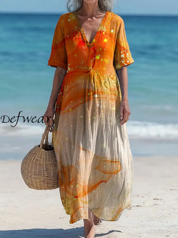 Vintage V-neck Bohemian Art Print Elegant Chic Loose Midi Dress A / S