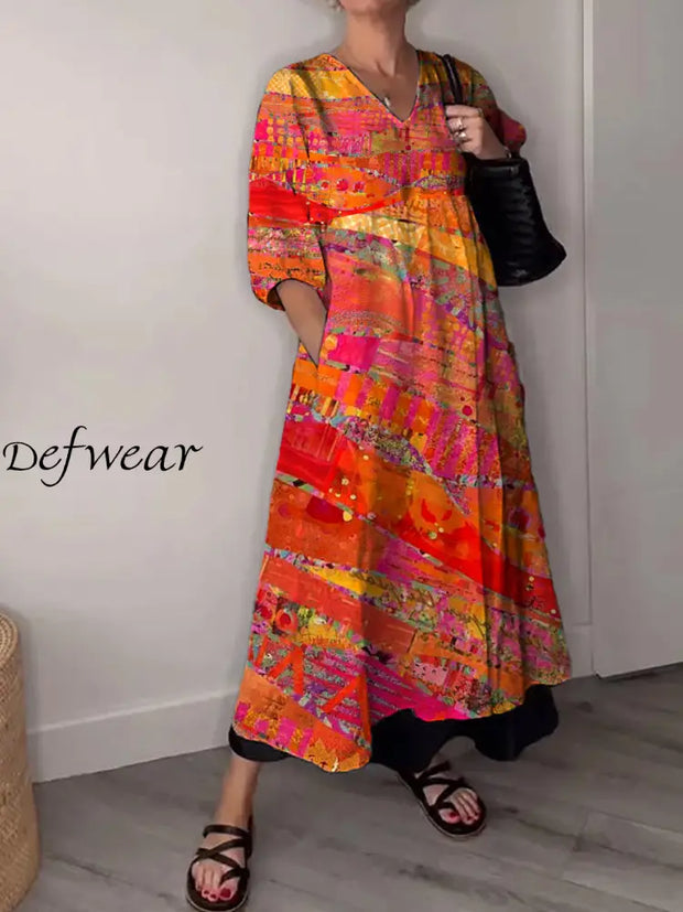 Vintage V-neck Bohemian Art Print Elegant Chic Loose Midi Dress A / S