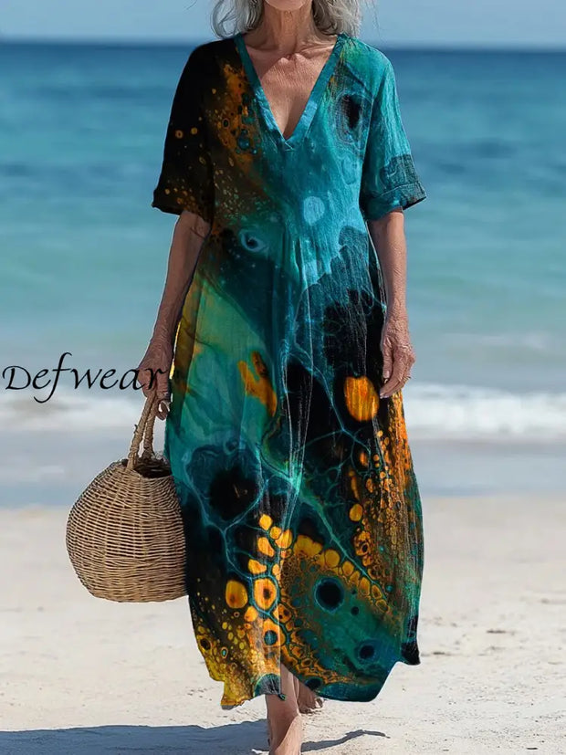 Vintage V-neck Bohemian Art Print Elegant Chic Loose Midi Dress A / S