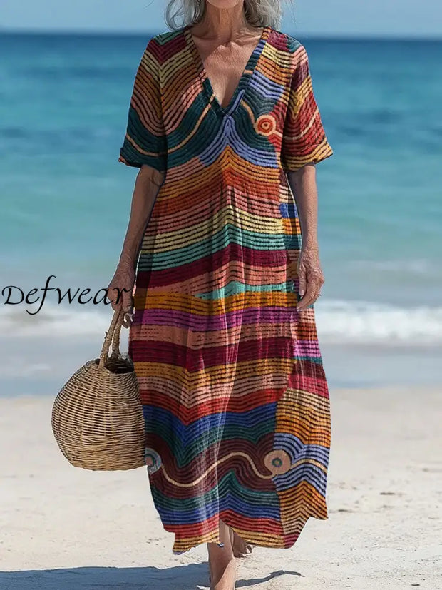 Vintage V-neck Bohemian Art Print Elegant Chic Loose Midi Dress A / S