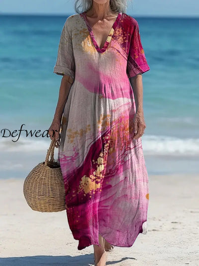 Vintage V-neck Bohemian Art Print Elegant Chic Loose Midi Dress A / S