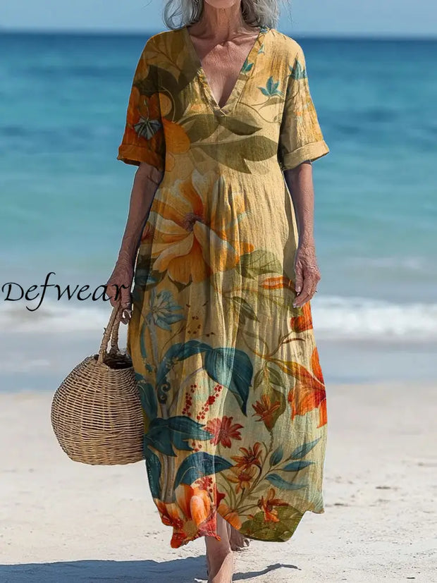 Vintage V-neck Bohemian Floral Print Elegant Chic Loose Midi Dress A / S